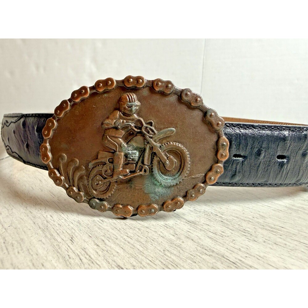 Vintage 1970s Motocross Dirt Bike Belt Buckle Motorcycle Chain Link Border Brass